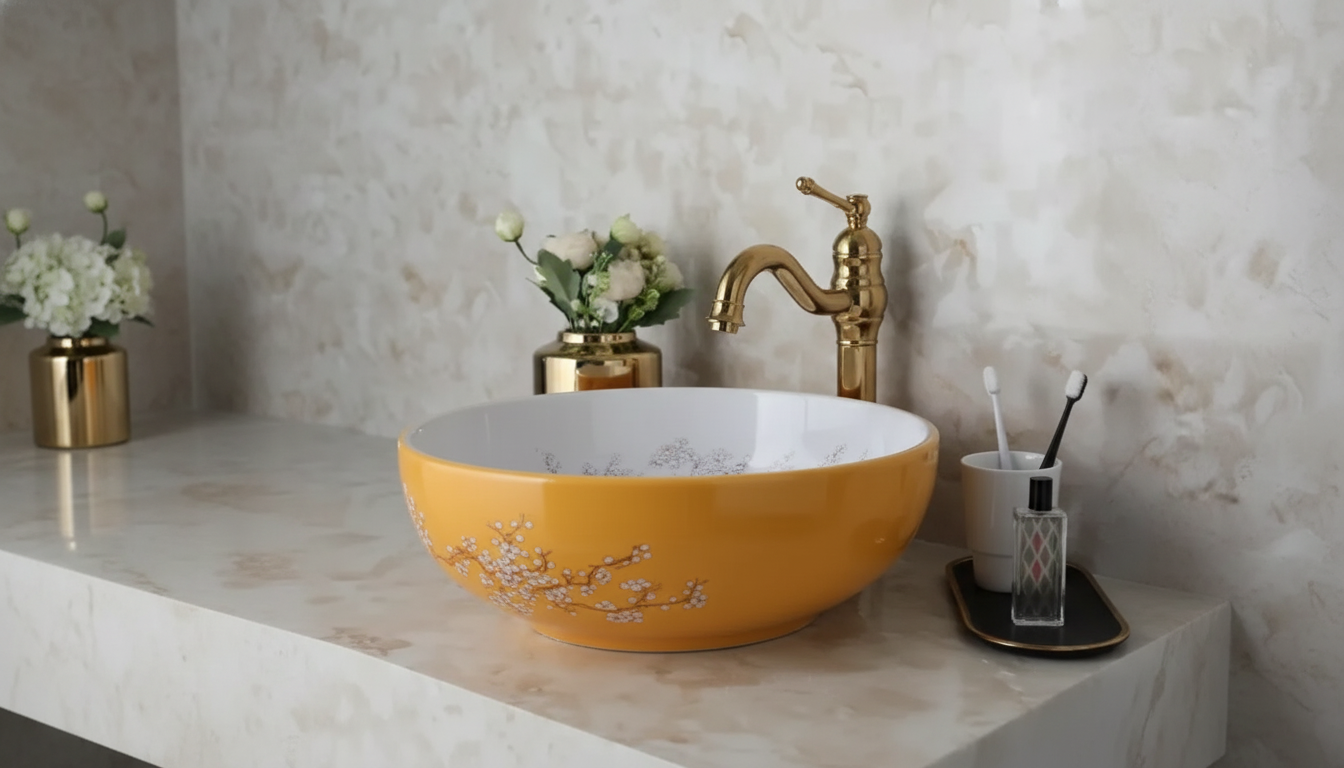 Floral Ceramic Basin Set with Vintage-Style Antique Faucet
